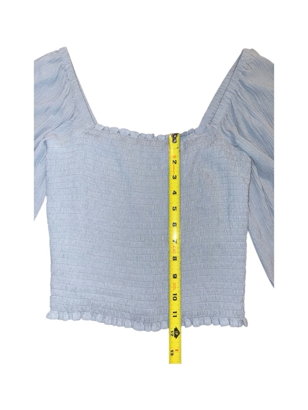 1. State Light Blue Coquette Smocked Bodice Crop Top Puff Sleeve Size Small - Picture 9 of 11